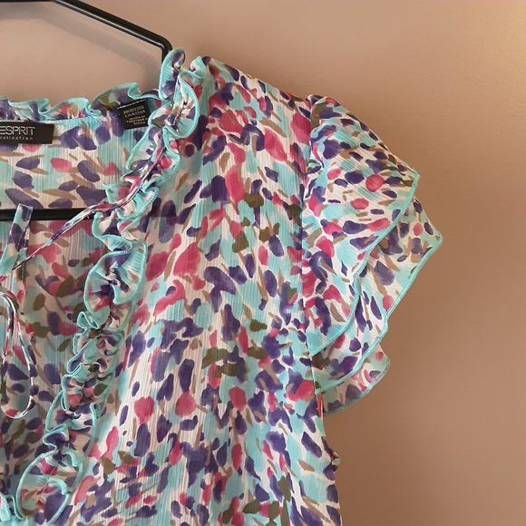 Esprit Women's Cap Sleeve Blouse Boho Floral Sheer Ruffle Size Medium - Picture 4 of 12